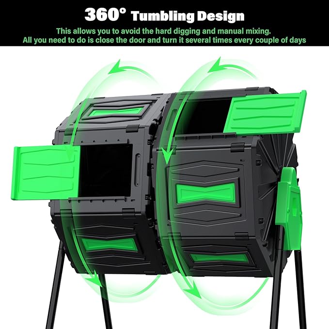 Compost Tumbler, Easy Assemble & Efficient Outdoor Compost Bin, 45 Gallon/170 Liter Large Dual Chamber Rotating Composter for Garden, Kitchen, and Yard Waste, Green Door