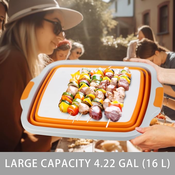 Tiawudi Large Collapsible BBQ Prep Tub with Lid(4.22 Gal/16L), Foldable Camping Sink with Colander, Cutting Board, Dish Basin for Kitchen, Bowl, Vegetable and Fruit, Storage Basket for Picnic