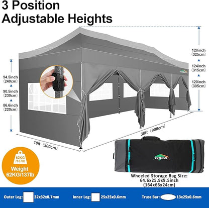 COBIZI 10x30 Pop up Canopy Tent 10x30 Canopy with 8 Sidewalls Waterproof Heavy Duty Commercial Canopy Tent for Parties Outdoor Tent Garden Gazebo Tent, Carry Bag with Wheel(10x30ft, Gray)