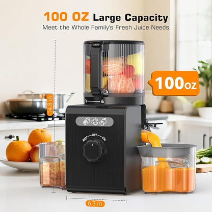 Cold Press Juicer Machines with 6.5" Large Feed Chute, Juicer for Whole Vegetables & Fruits, High Juice Yield (Black)