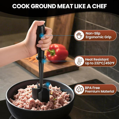 CUNSENR Premium Meat Chopper - 5 Curve Blade Ground Beef Smasher Tool - Heat-Resistant Nylon Meat Masher for Ground Beef, Hamburger, Potatoes - Non-Stick Ground Meat Chopper for Easy Mixing - Black