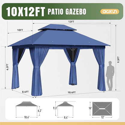 AOXUN Outdoor Gazebo for Patio 10x12, Metal Frame Canopy with Double Roofs, Heavy Duty Party Tent and Shelter with Mosquito Netting and Privacy Screen for Backyard, Lawn, Garden, Deck