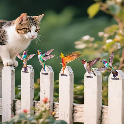HUYIENO 5PCS Vibrant Metal Bird Decorations Colorful 2D Garden Fence Ornaments for Outdoor Patio & Bird Lovers Hummingbird