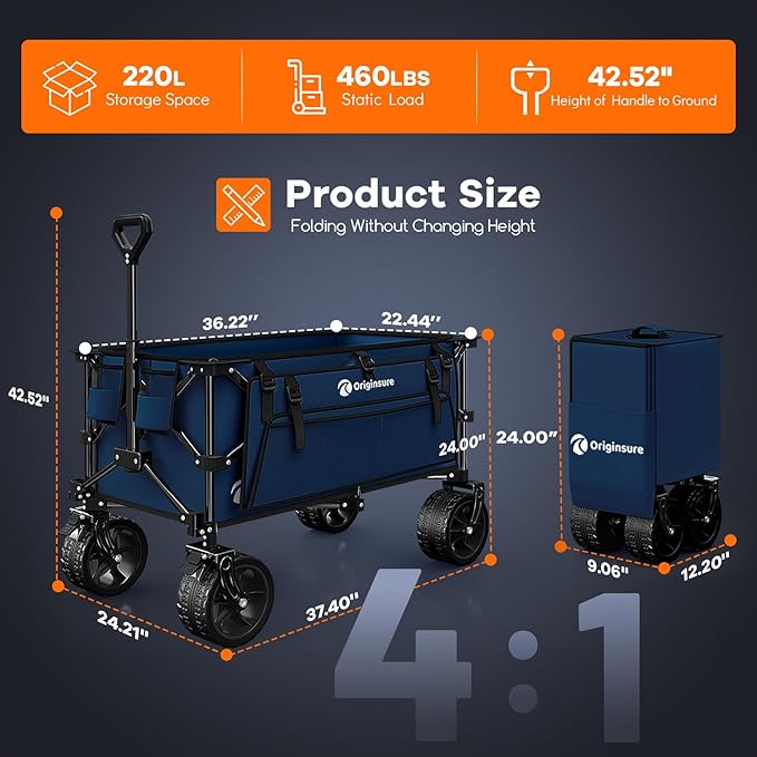 220L Collapsible Wagon Cart Foldable, 460lbs Load Capacity Heavy Duty Folding Beach Wagons with Big All-Terrain Wheels, Utility Carts for Groceries, Shopping, Camping, Sports - Blue