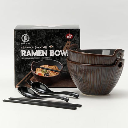 Ramen Bowl with Chopsticks and Spoons Set, 7 Inch Ceramic Noodle Bowl Set of 2, Dishwasher Safe for Pho Udon Soba Noodle Salad Pasta, Special Reactive Glazed Bowls Set, Amethyst Veil