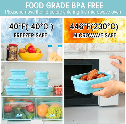 Yaomiao 16 Pack Collapsible Food Storage Containers with Lid Air Vent Foldable 8 Rectangle Storage Bowl and 8 Round Silicone Food Bow for Lunch Camping Rv Accessories Microwave Freezer(Blue)