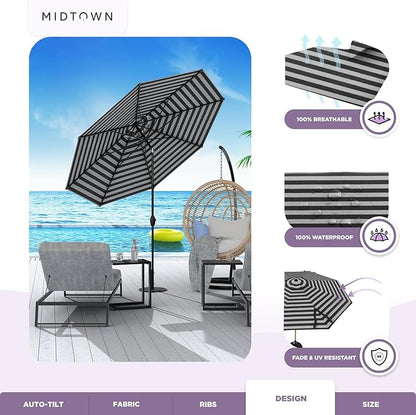 Midtown Umbrellas Sunbrella Umbrella 8 Feet Outdoor Umbrella With Sunbrella Black & White Acrylic Fabric - Auto-Tilt Aluminum Frame Patio Umbrella For Backyard, Deck, Garden, Pool - Black Pole