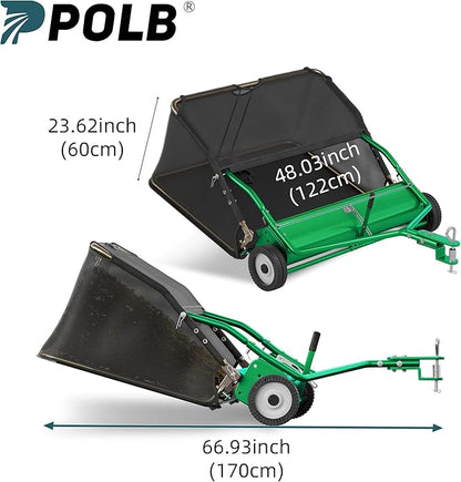 48" Lawn Sweeper Tow Behind - Pull Behind Grass Catcher with 25.16 cu. ft Large Hopper, Heavy Duty Leaf & Grass Collector, Adjustable Brush Height Lever and Dumping Rope, Lawn and Yard Cleanup Tool
