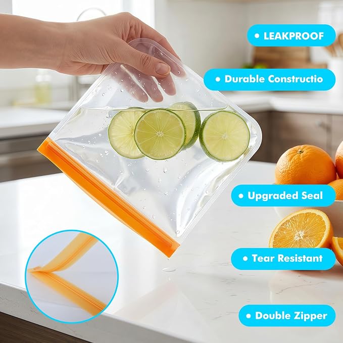 20 Pack Reusable Freezer Bags Silicone Dishwasher Safe, Leakproof Reusable Food Storage Bags BPA Free Healthy Food Storage Contaizers, Snack Sandwich Gallon Baggies for Meal Prep Lunch Travel Green