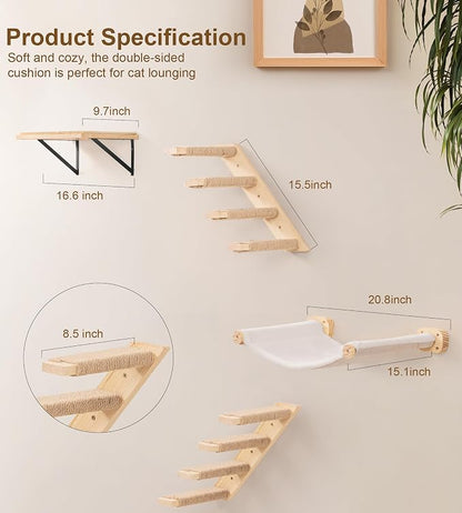 Cat Scraching Post Wall Shelves Set of 3 –1 Floating Fabric Hammock, 2 Cat Wall Ladders with 4 Steps EachWall Mounted Bed Furniture & Climber for Large Cats, Indoor Wall Playground