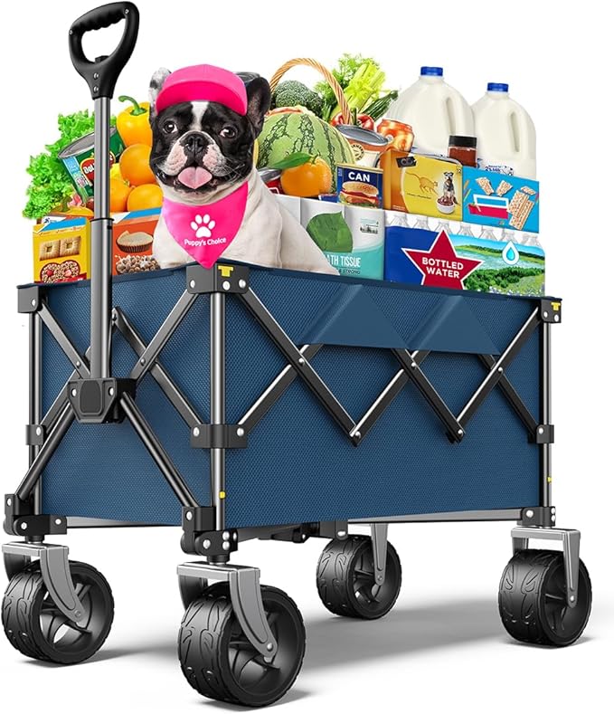 Beach Wagon,Collapsible-Wagon 220lbs with Big Wheels FoldableWagon Carts,Portable Utility for Garden Grocery Sports Camping All Terrain-Blue