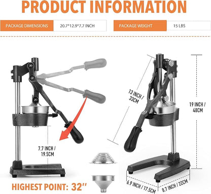 19 Inch Height Extra Tall Commercial Heavy Duty Cast Iron Hand Press Manual Orange Citrus Lemon Lime Grapefruit Pomegranate Fruit Juice Squeezer Machine with Stainless Steel Cup Black