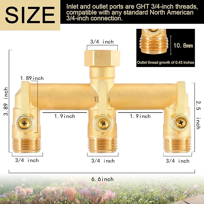 EBH Brass Garden Hose Splitter, 3 Way High Flow Outdoor Faucet Splitter,Full Flow 3-Way Brass Heavy Duty Hose Splitter With 3 Long Metal Handle and Individual On/Off Valve。