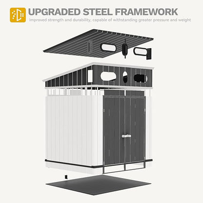 DWVO 6x6 FT Outdoor Storage Shed, All-Weather Resin Garden Tool Shed with Floor & Lockable Door, Plastic Outside Tool Garden Shed with Windows & Vents for Backyard Garden Patio Lawn, Black&Gray