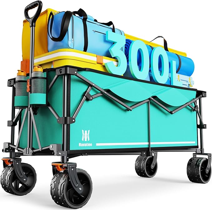 Navatiee 300L Collapsible Wagon Cart Foldable Extra Large, 48''L Folding Extended Beach Wagon with 440LBS Weight Capacity and Big All-Terrain Wheels, Heavy Duty Utility Garden Cart for Sports Outdoor