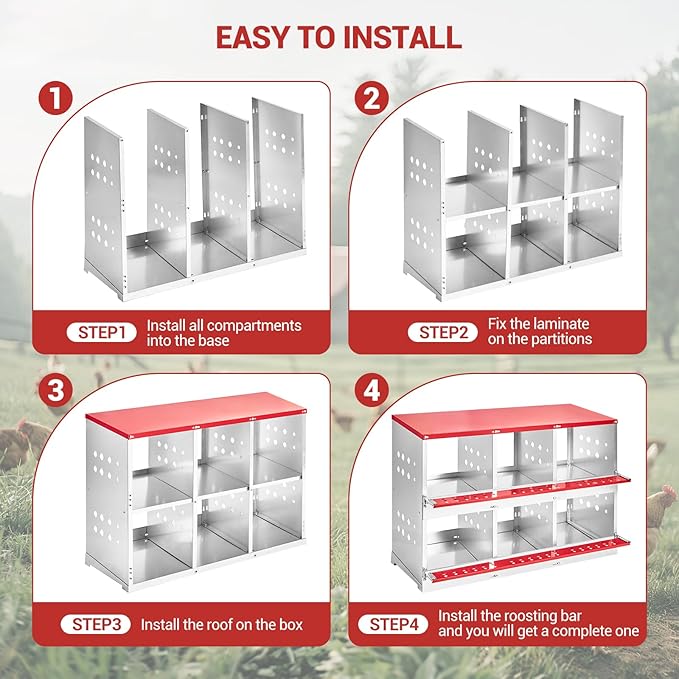 Heavy Duty Metal Chicken Nesting Box – 6 Compartments, Vented Holes, Swing Perch, Rollaway Egg Laying Box, Pull-Out Tray, Wall Mount, for Coops, Without Cover-Red, 96×48×71cm