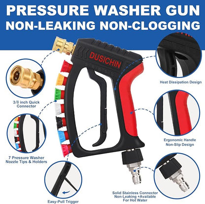 DUSICHIN Short Pressure Washer Wand High Spray Swivel Gun 7 Nozzle Tips 4000 PSI, Pressure Washer Attachment 1/4" Quick Connector Outlet,M22-14mm M22-15mm 3/8" Fitting, Not for Garden Hose DUS2911