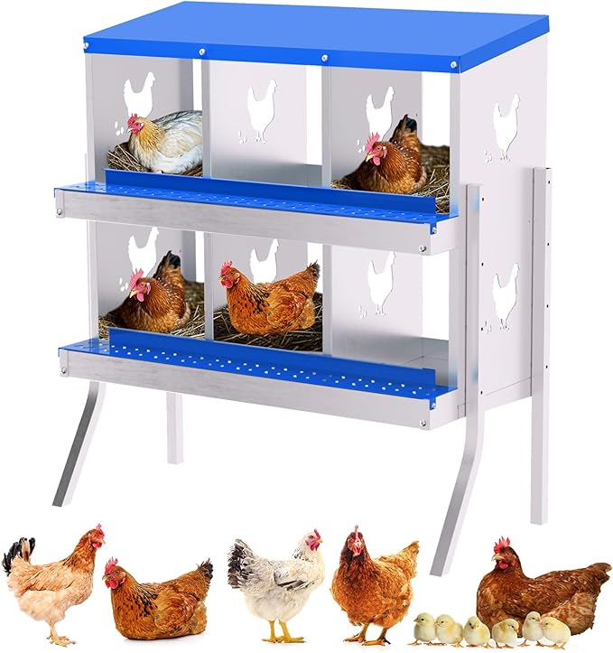 Chicken Nesting Boxes,6 Compartments Galvanized Steel Metal Laying Boxes with Leg,Pull-Out Egg Box Easy Egg Collection & Clean,Wall Mount Suitable for Farm Chicken House,Blue