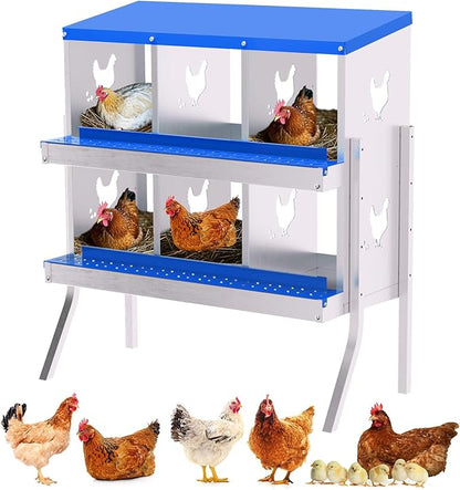 6 Compartment Chicken Nesting Box, Wall Mount Hen Laying Boxes with Legs & Removable Trays, 6-Hole Galvanized Steel Metal Hanging Poultry Nest for Backyard, Farms, and Chicken Coop, Egg Collection