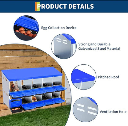 Chicken Nesting Box, 10 Compartment Roll Away Egg Laying Box for Hens, Wall Mounted & Freestanding (2 Modes of Use), Easy Egg Collection, Cleanable Pull Out Nesting Box, Blu, NL
