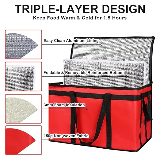 Insulated Food Delivery Bag with Hard Bottom, XXX-Large Insulated Reusable Grocery Cooler/Hot Bags, Tote Bag for Shopping/Travel, Red, 3-Pack