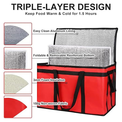 Insulated Food Delivery Bag with Hard Bottom, XXX-Large Insulated Reusable Grocery Cooler/Hot Bags, Tote Bag for Shopping/Travel, Red, 3-Pack