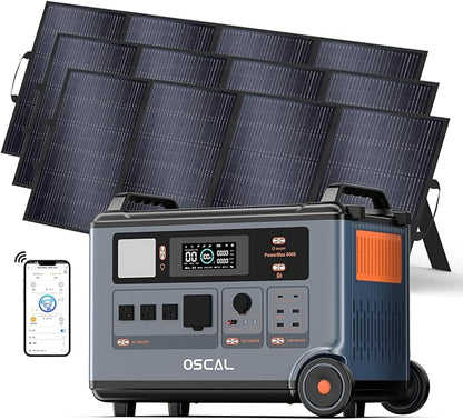 OSCAL PowerMax 6000 Solar Generator with 3x400W Solar Panel, 120V/240V Split Phase Voltage 6000W AC Outlets (7200W Peak), 2200W AC Charging/2400W PV Charging for Home, Emergency, Bank Battery Backup