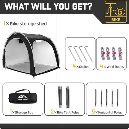 Happy Travel Bike Storage Shed Tent,Outdoor Portable Bicycle Storage Sheds with 210D Oxford Fabric PU4000 Waterproof for 2/3/4/6/8 Bikes,Bike Covers Shelter for Motorcycle,Garden Tools,Toys,Lawn Mower