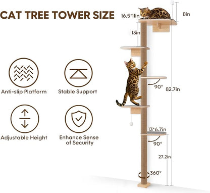 Floor to Ceiling Cat Tree for Kittens, 5-Tier Wall Mounted Cat Wall Shelves with Grey Felt Pads, Adjustable Wild Simulation Cat Tower, Natural Pine Wood Platforms for Climb, Scratch and Lookout