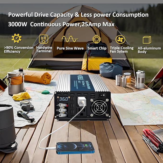 WZRELB 3000W Pure Sine Wave Inverter 36V DC to 110V 120V AC Power Converter with LED Display, Hardwire Terminal,Off-Grid Portable Power Inverter with Dual AC Outlets for Home, RV, Truck, Camping
