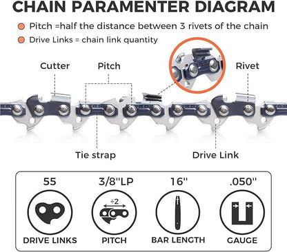 16 Inch Chainsaw Chain 3/8" LP Pitch .050" Gauge 55 Drive Links- 63PM3 55, Fits STIHL 021, MS210, MS211, McCulloch and More- S55 (3 Packs) (91YNP-6)