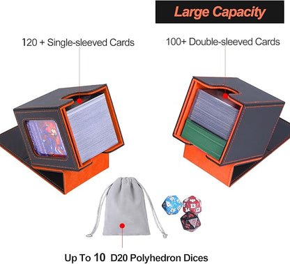 AFIING MTG Deck Box for Commander Display,Card Deck Case Fits 100 Double Sleeved Cards, Magic Commander TCG Card Storage Box with 2 Dividers,Dice Bag and 1 Toploader(Black/Orange)