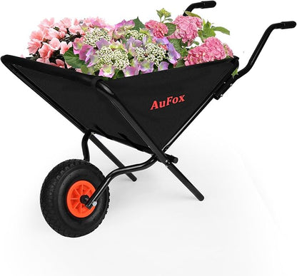 Collapsible Wheelbarrow, Foldable Home Utility Yard Wheelbarrow Easy Loading and Dumping Garden Cart Thickened Oxford Cloth Lawn Cart for Nutrient Soil,Grass, Leaf, Garden Supplies