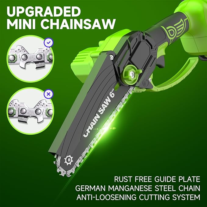 Mini Chainsaw Cordless, 6 Inch Electric Chain Saw Small Chainsaw Battery Powered, Yard Tools Garden Gifts for Men Dad Husband, Hand Saw for Branches Wood Cutting Pruning (Green)