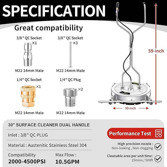 30" Pressure Washer Surface Cleaner Ultra with 7 Nozzles Water Broom, Stainless Steel Surface Cleaner for Pressure Washer, Dual Handle Power Washer Surface Cleaner for Concrete Driveway, 5000 PSI