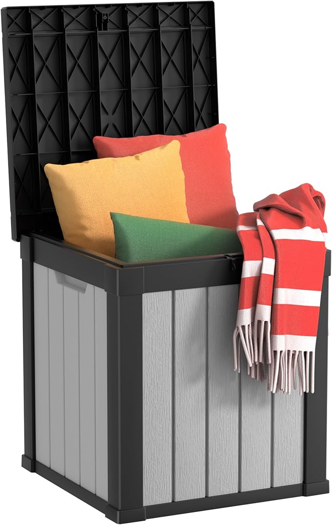 50 Gallon Waterproof Resin Deck Box, UV Resistant Outdoor Storage for Garden, Patio, Porch, Delivery, Striped Black & White