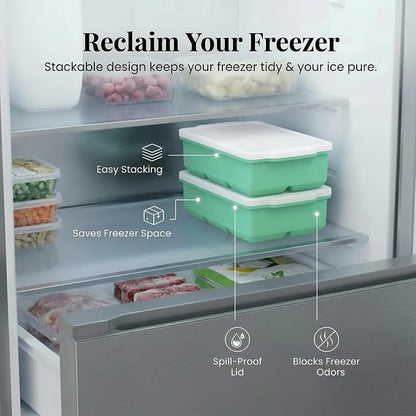 KitchFort® Large Silicone Ice Cube Tray (2-Pack), Easy Release 2" Big Ice Cubes - Cocktail, Whiskey Ice Cubes Mold - Ice Trays for Freezer with Lid - Stackable Silicone Ice Tray - Green