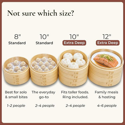 Bamboo Steamer Basket 10 Inch, Extra Deep Dumpling Steamer Set | Incl. Silicone Liners & Steel Ring, Steam Basket For Pot & Wok. Vegetable & Food Steamer For Dim Sum, Bao Buns