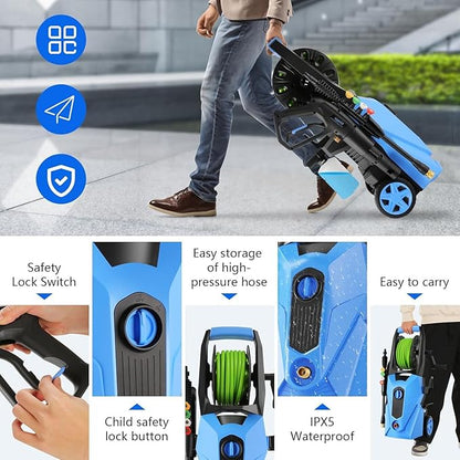 Pressure Cleaner 5000 PSI,2.8 GPM Power Cleaner with Foam Cannon,Portable Cleaner with 33ft Hose Reel,4 Nozzle Tips,and Soap Bottle for Cars/Home/Driveways/Patios/Decks/Fences(Blue)