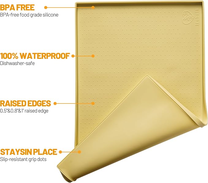 Hubulk Dog Feeding Mat,100% Waterproof Food Grade Silicone Pet Food and Water Bowl Placemat,Dishwasher, High Raised Edge to Prevent Spills,Nonslip Tray to Stop Messes on Floor (19"x12"x0.5", Yellow)