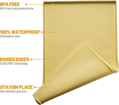 Hubulk Dog Feeding Mat,100% Waterproof Food Grade Silicone Pet Food and Water Bowl Placemat,Dishwasher, High Raised Edge to Prevent Spills,Nonslip Tray to Stop Messes on Floor (19"x12"x0.5", Yellow)