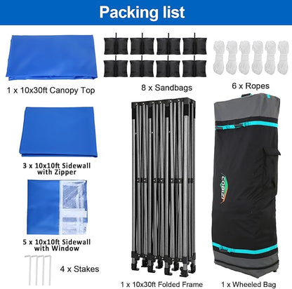COBIZI 10x30 Pop up Canopy Tent 10x30 Canopy with 8 Sidewalls Waterproof Heavy Duty Commercial for Parties Outdoor Garden Gazebo Tent, Carry Bag with Wheel(10x30ft,Blue)