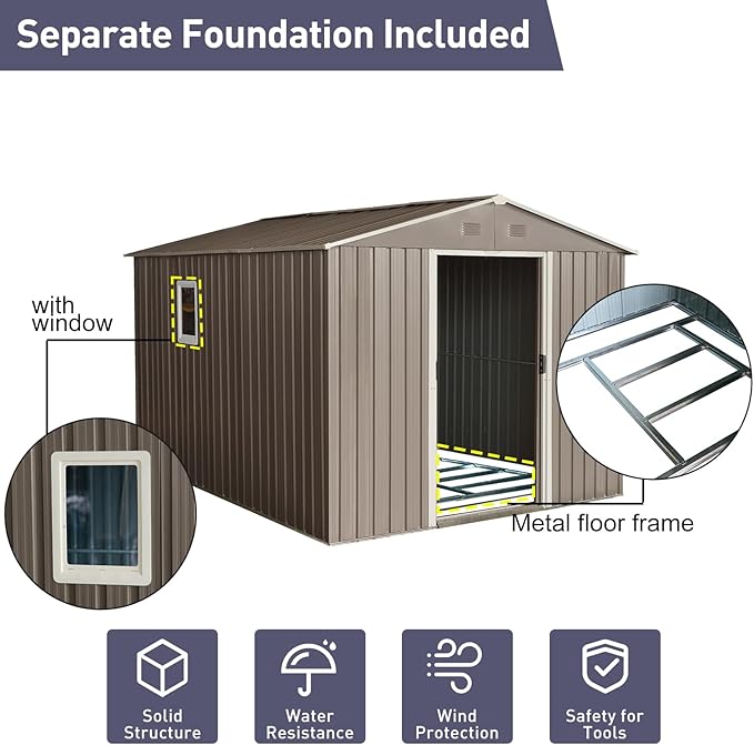 8x10 FT Outdoor Storage Shed, Metal Garden Shed with Frame Floor, Outside Tool Shed with Window, Waterproof Storage Building with Lockable Sliding Doors & Sloped Roof for Backyard, Patio, Warm Gray