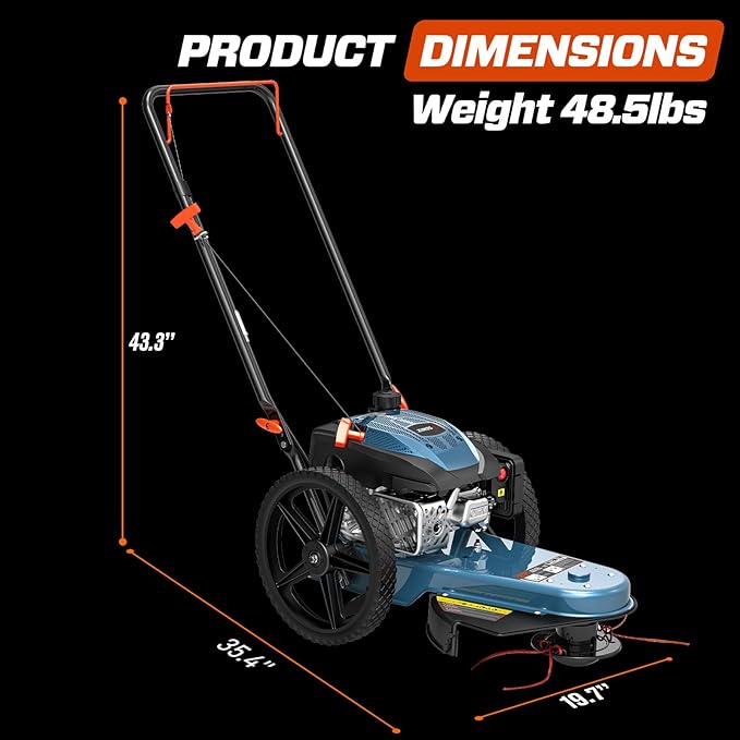 SENIX High Wheel Gas Walk Behind Brush Cutter and String Trimmer, 22-Inch Swatch with .155-Inch Line, 160 cc 4-Cycle Engine, Steel Deck, 14" Rubber Wheels, Adjustable Height (STMG-L)