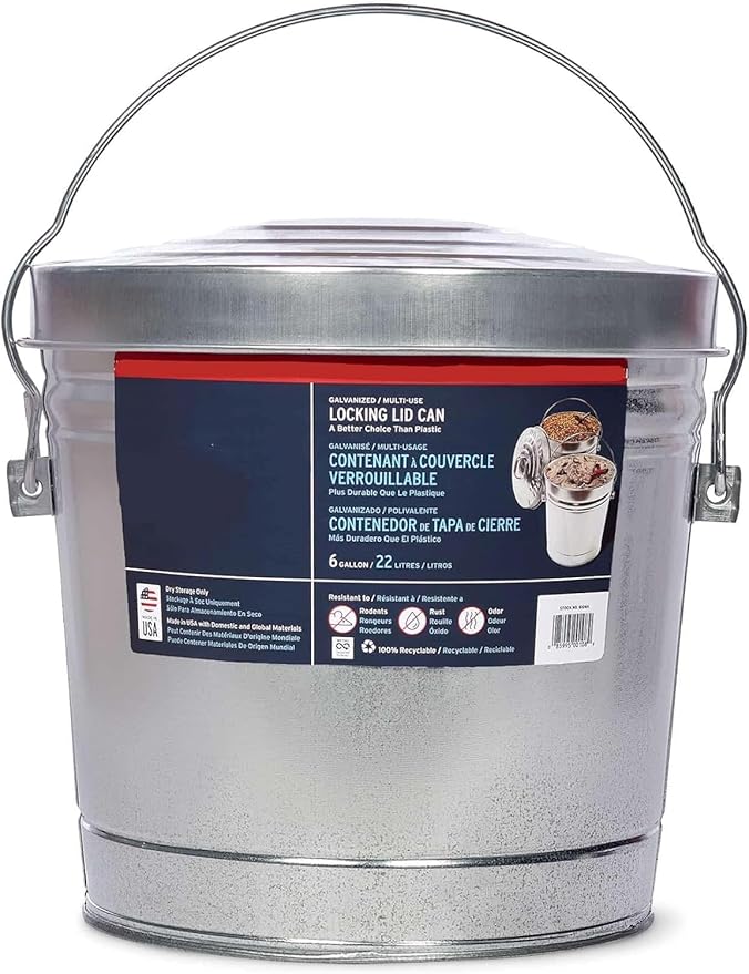 6-Gallon Galvanized Steel Storage Can - Airtight Locking Lid Metal Container for Pet Food, Dry Goods & Pantry Staples, Rust-Resistant Indoor/Outdoor Design