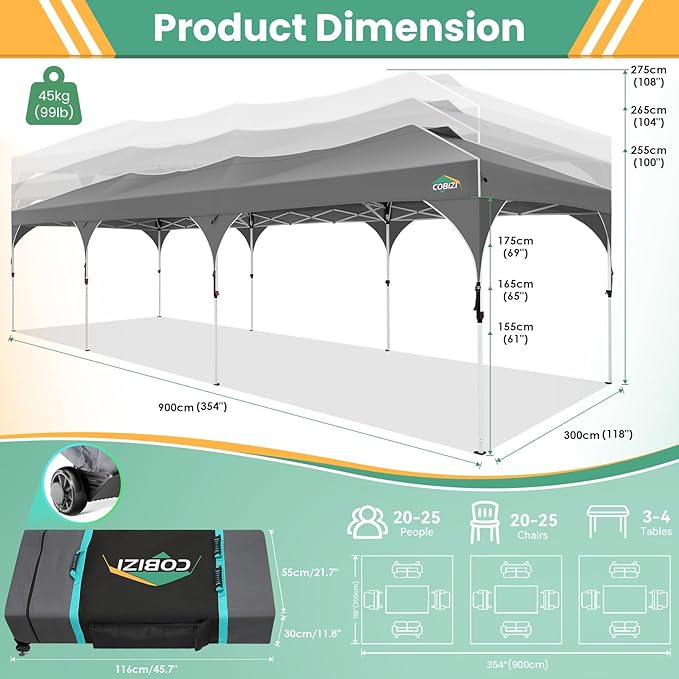 COBIZI 10x30 Pop Up Canopy Tent with 5 Removable Sidewalls, Easy Up Canopy 3 Adjustable Heights, Waterproof UPF 50+, Gazabo 10x30 Outdoor Tent for Garden Wedding Party with Roller Bag, Grey