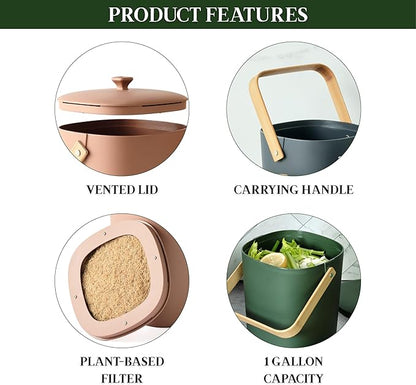 Bamboozle Countertop Compost Bin Kitchen | 1 Gallon | Odorless Composting Bin with Filters | Indoor Compost Bin with Lid | Plant Based Kitchen Composter for Food Scraps & Waste Recycling
