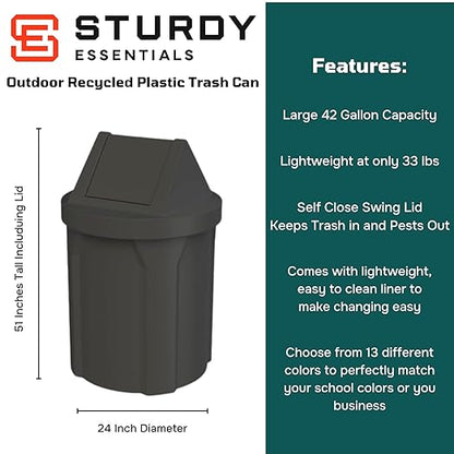 42 Gallon Round 100% Recycled Plastic Indoor or Outdoor Commercial Trash Can with Easy Access Swing Top Lid | Great for Schools and Businesses - Black