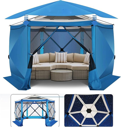 COBlZl Pop Up Gazebo 12x12 Screen House Tent for Camping, Outdoor Instant Stargazing Gazebo Canopy with Awning 2.0, Portable Hub Tent with Removable Sidewalls,Pavilion for Backyard,Blue