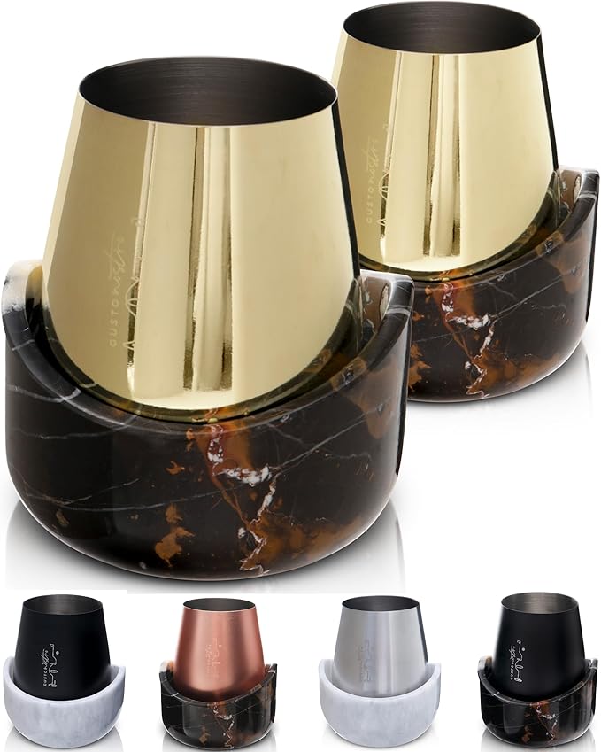 Gusto Nostro Marble Wine Chiller for Glass & Stainless Steel Tumbler Set of 2 - Wine Glass Chiller Holder for Freezer - Cool Set of Chillers & Stemless Wine Metal Tumblers for Home, Bar (Black & Gold)